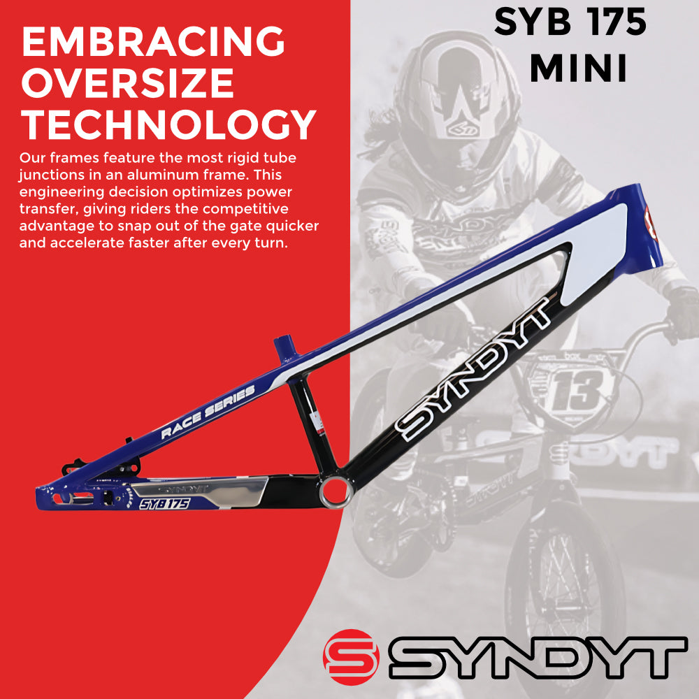 Syndyt 175 Mini BMX Racing Bike Frame – 17.5” Top Tube, 6061-T6 Aluminum (2.70 lbs), Tapered 38/42 Head Tube, Standard Euro BB, 10/15 mm Hubs, 140mm Disc Brake,  Chain Tensioners – Blue Bicycle Frame