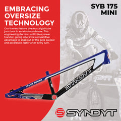 Syndyt 175 Mini BMX Racing Bike Frame – 17.5” Top Tube, 6061-T6 Aluminum (2.70 lbs), Tapered 38/42 Head Tube, Standard Euro BB, 10/15 mm Hubs, 140mm Disc Brake,  Chain Tensioners – Blue Bicycle Frame