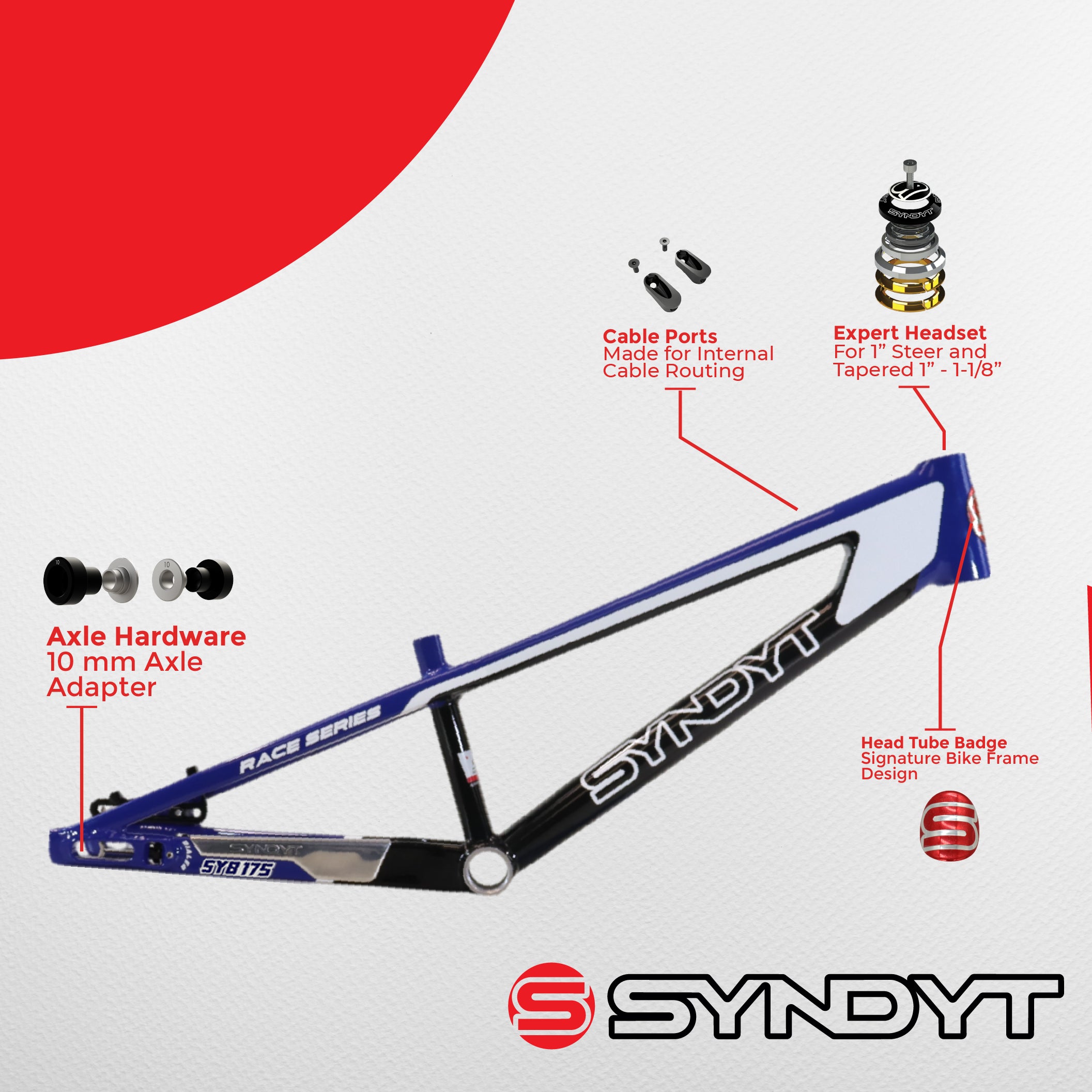 Syndyt 175 Mini BMX Racing Bike Frame – 17.5” Top Tube, 6061-T6 Aluminum (2.70 lbs), Tapered 38/42 Head Tube, Standard Euro BB, 10/15 mm Hubs, 140mm Disc Brake,  Chain Tensioners – Blue Bicycle Frame