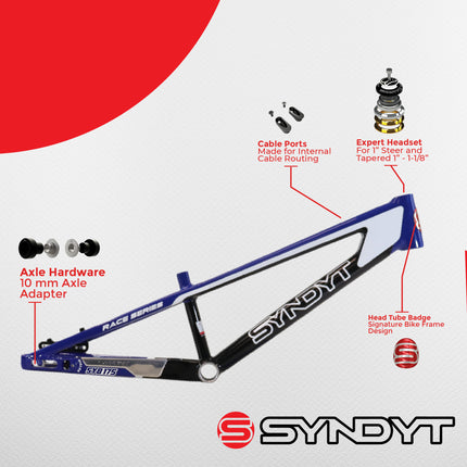 Syndyt 175 Mini BMX Racing Bike Frame – 17.5” Top Tube, 6061-T6 Aluminum (2.70 lbs), Tapered 38/42 Head Tube, Standard Euro BB, 10/15 mm Hubs, 140mm Disc Brake,  Chain Tensioners – Blue Bicycle Frame