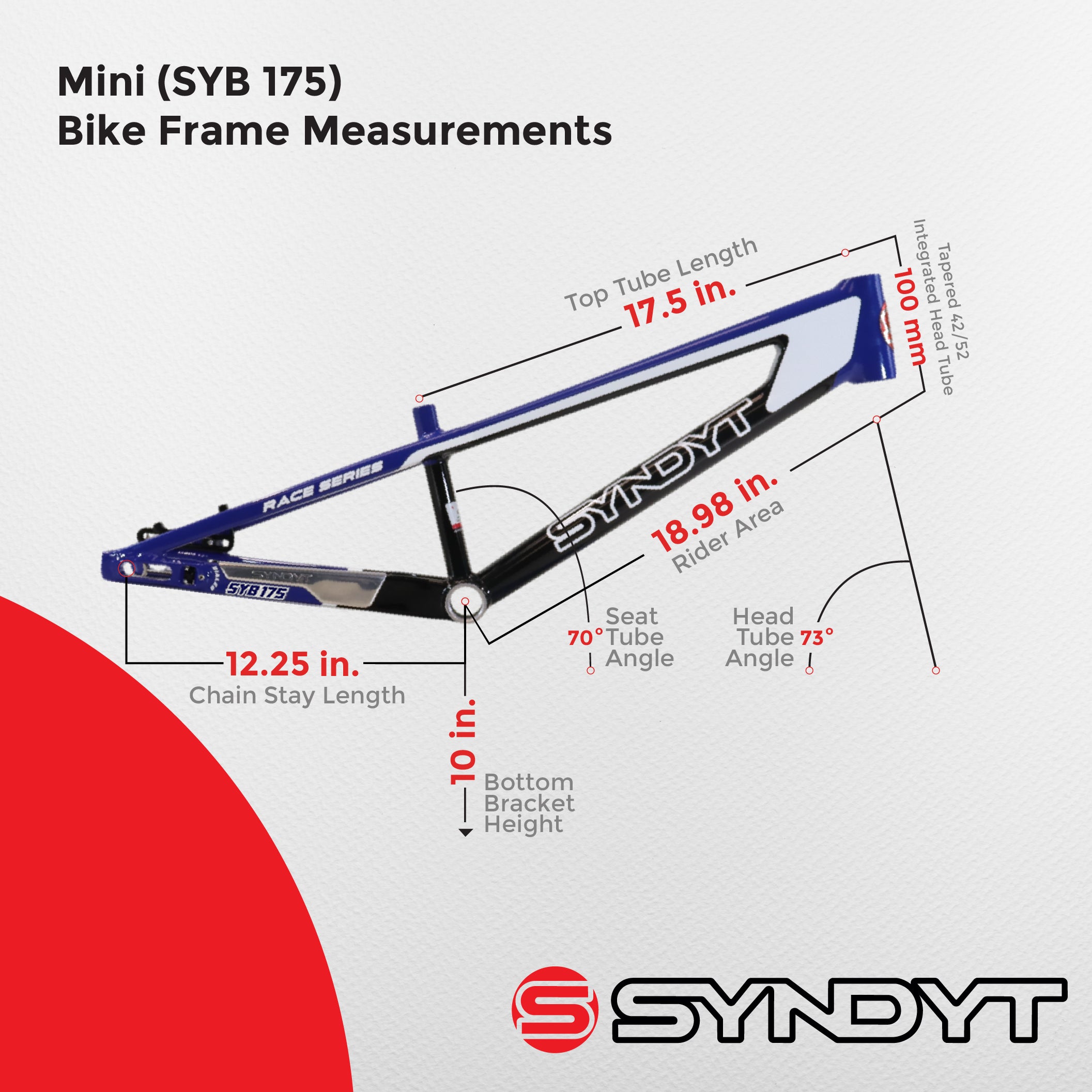 Syndyt 175 Mini BMX Racing Bike Frame – 17.5” Top Tube, 6061-T6 Aluminum (2.70 lbs), Tapered 38/42 Head Tube, Standard Euro BB, 10/15 mm Hubs, 140mm Disc Brake,  Chain Tensioners – Blue Bicycle Frame