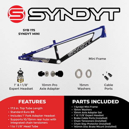 Syndyt 175 Mini BMX Racing Bike Frame – 17.5” Top Tube, 6061-T6 Aluminum (2.70 lbs), Tapered 38/42 Head Tube, Standard Euro BB, 10/15 mm Hubs, 140mm Disc Brake,  Chain Tensioners – Blue Bicycle Frame