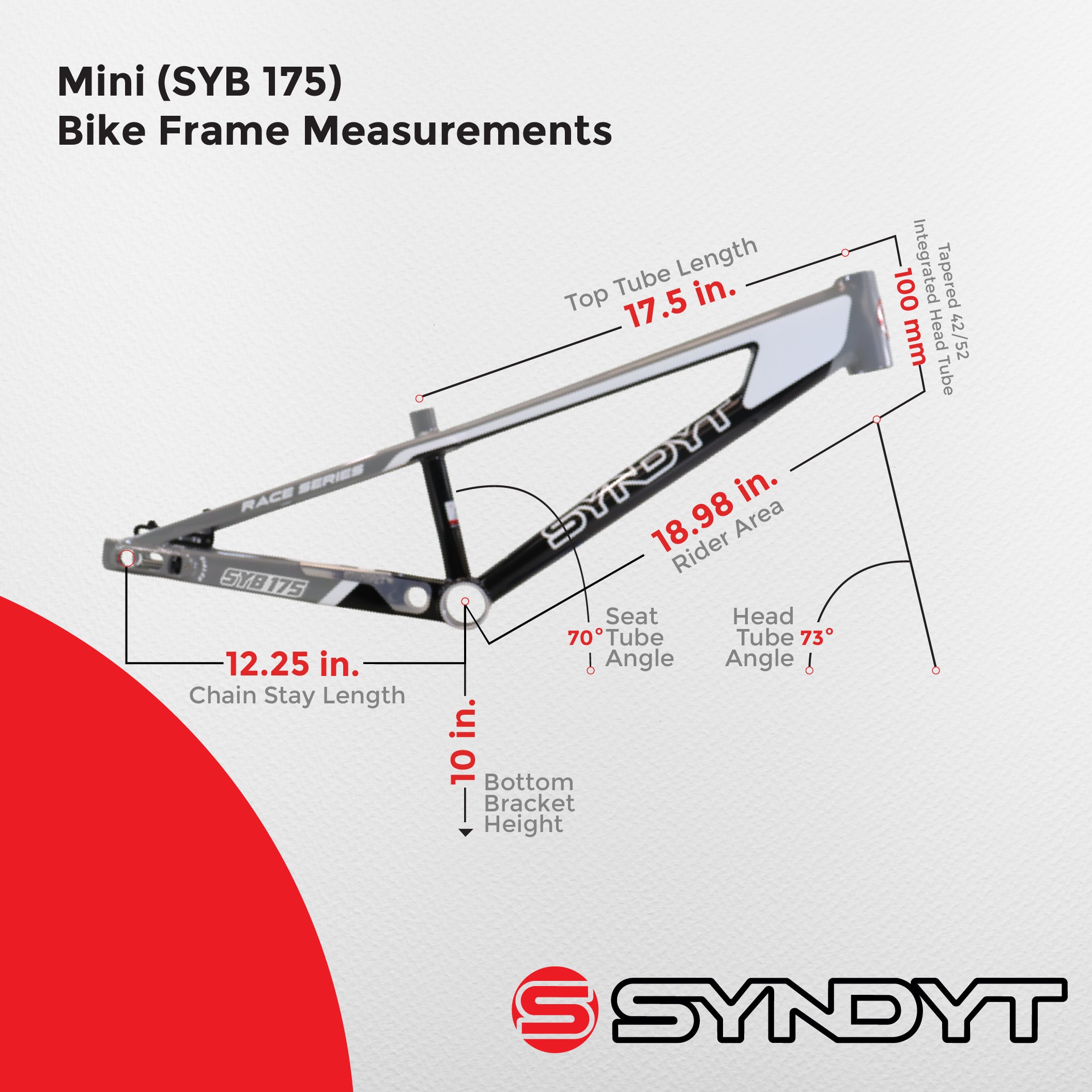 Syndyt 175 Mini BMX Racing Bike Frame – 17.5” Top Tube, 6061-T6 Aluminum (2.70 lbs), Tapered 38/42 Head Tube, Standard Euro BB, 10/15 mm Hubs, 140mm Disc Brake,  Chain Tensioners – Gray Bicycle Frame