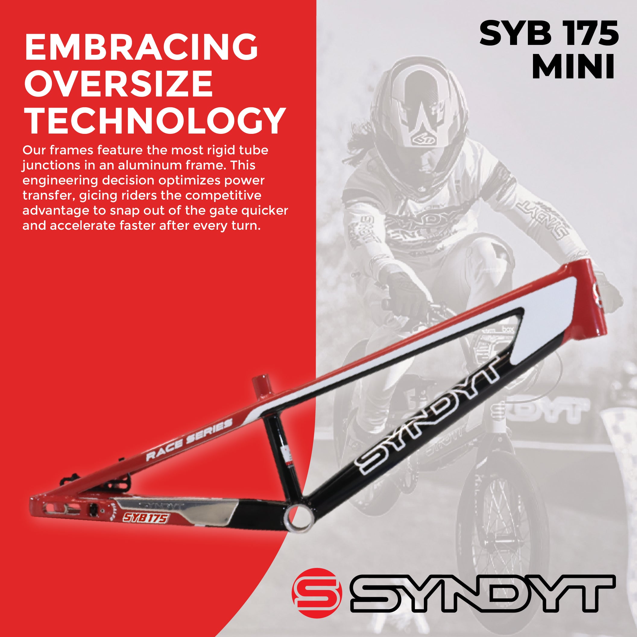Syndyt 175 Mini BMX Racing Bike Frame – 17.5” Top Tube, 6061-T6 Aluminum (2.70 lbs), Tapered 38/42 Head Tube, Standard Euro BB, 10/15 mm Hubs, 140mm Disc Brake,  Chain Tensioners – Red Bicycle Frame