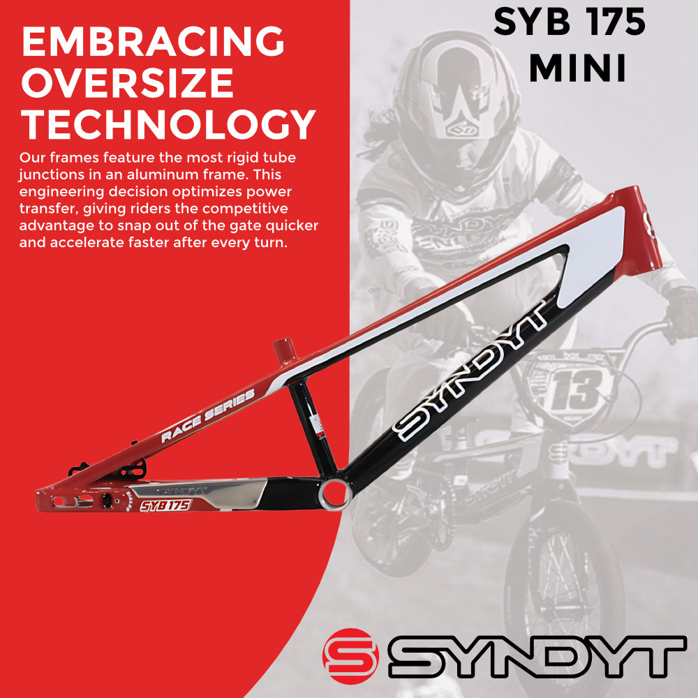 Syndyt 175 Mini BMX Racing Bike Frame – 17.5” Top Tube, 6061-T6 Aluminum (2.70 lbs), Tapered 38/42 Head Tube, Standard Euro BB, 10/15 mm Hubs, 140mm Disc Brake,  Chain Tensioners – Red Bicycle Frame