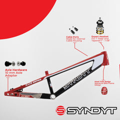 Syndyt 175 Mini BMX Racing Bike Frame – 17.5” Top Tube, 6061-T6 Aluminum (2.70 lbs), Tapered 38/42 Head Tube, Standard Euro BB, 10/15 mm Hubs, 140mm Disc Brake,  Chain Tensioners – Red Bicycle Frame
