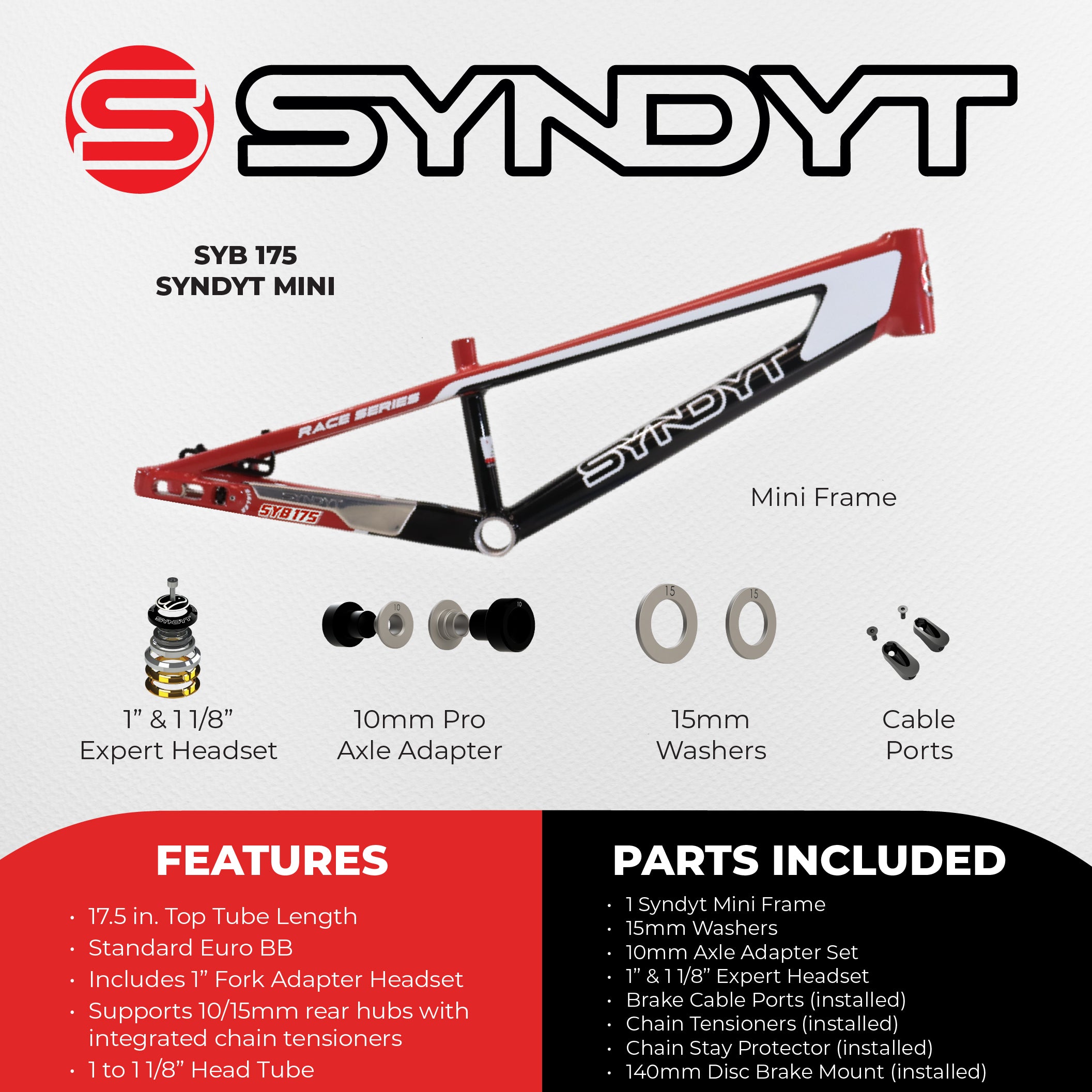Syndyt 175 Mini BMX Racing Bike Frame – 17.5” Top Tube, 6061-T6 Aluminum (2.70 lbs), Tapered 38/42 Head Tube, Standard Euro BB, 10/15 mm Hubs, 140mm Disc Brake,  Chain Tensioners – Red Bicycle Frame