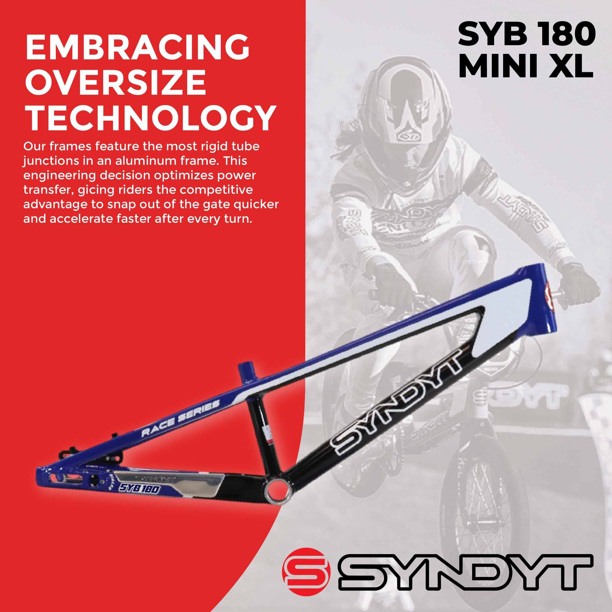 Syndyt 180 Mini XL BMX Racing Bike Frame – 18” Top Tube, 6061-T6 Aluminum (2.75 lbs), Tapered 38/42 Head Tube, Standard Euro BB, 10/15 mm Hubs, 140mm Disc Brake,  Chain Tensioners – Blue Bicycle Frame