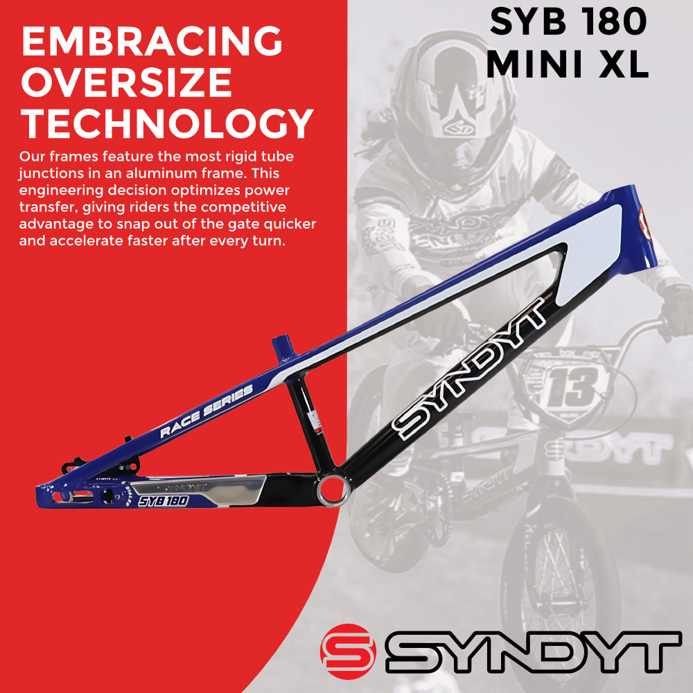 Syndyt 180 Mini XL BMX Racing Bike Frame – 18” Top Tube, 6061-T6 Aluminum (2.75 lbs), Tapered 38/42 Head Tube, Standard Euro BB, 10/15 mm Hubs, 140mm Disc Brake,  Chain Tensioners – Blue Bicycle Frame