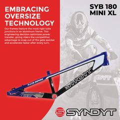 Syndyt 180 Mini XL BMX Racing Bike Frame – 18” Top Tube, 6061-T6 Aluminum (2.75 lbs), Tapered 38/42 Head Tube, Standard Euro BB, 10/15 mm Hubs, 140mm Disc Brake,  Chain Tensioners – Blue Bicycle Frame