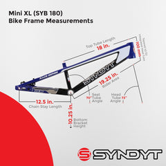 Syndyt 180 Mini XL BMX Racing Bike Frame – 18” Top Tube, 6061-T6 Aluminum (2.75 lbs), Tapered 38/42 Head Tube, Standard Euro BB, 10/15 mm Hubs, 140mm Disc Brake,  Chain Tensioners – Blue Bicycle Frame