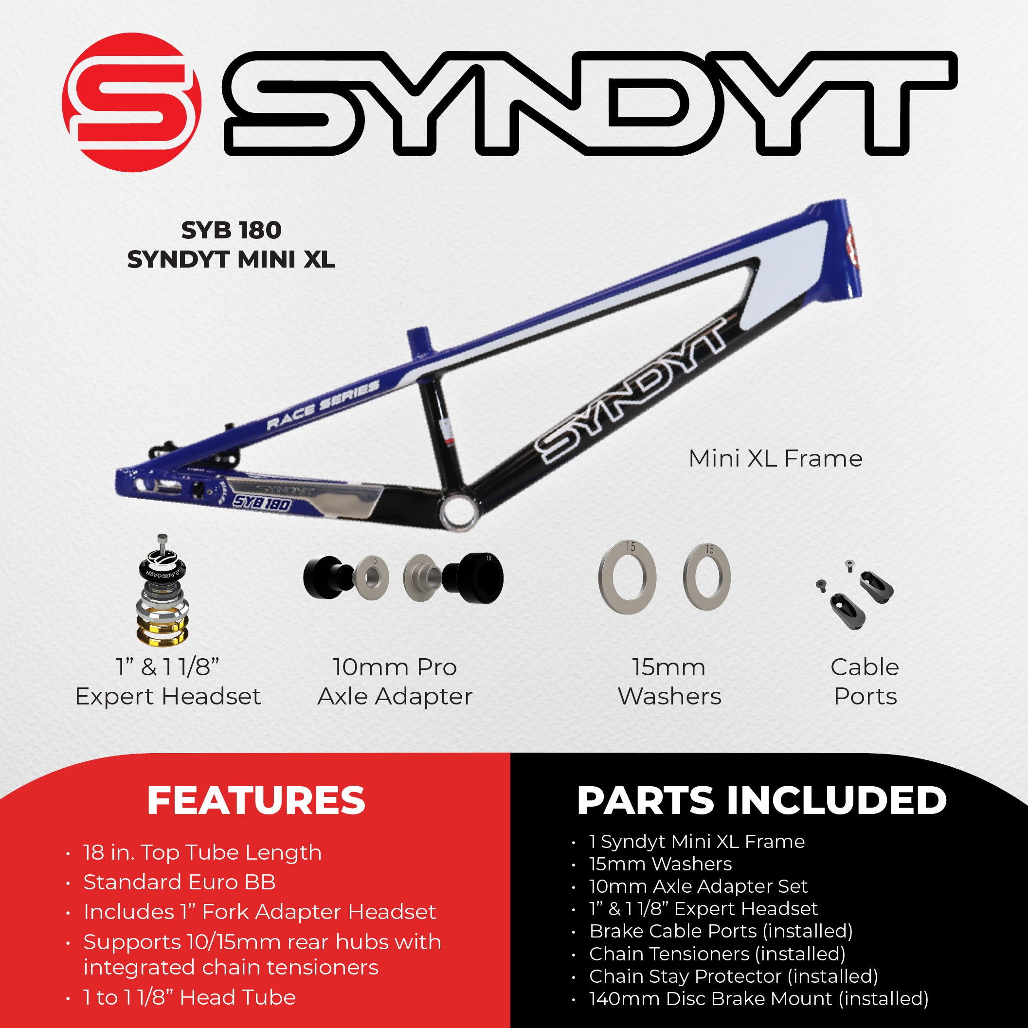 Syndyt 180 Mini XL BMX Racing Bike Frame – 18” Top Tube, 6061-T6 Aluminum (2.75 lbs), Tapered 38/42 Head Tube, Standard Euro BB, 10/15 mm Hubs, 140mm Disc Brake,  Chain Tensioners – Blue Bicycle Frame