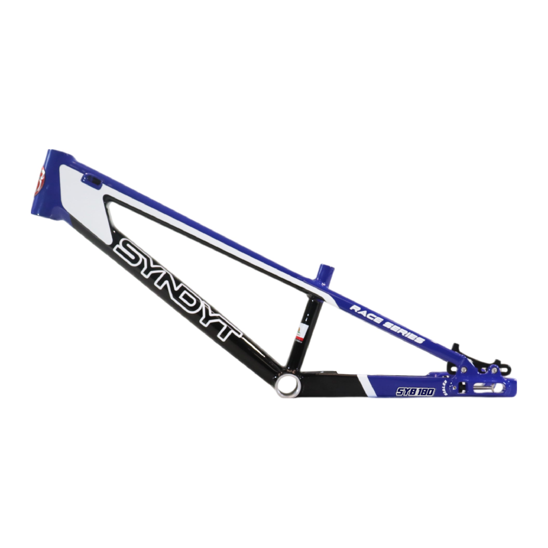 Syndyt 180 Mini XL BMX Racing Bike Frame – 18” Top Tube, 6061-T6 Aluminum (2.75 lbs), Tapered 38/42 Head Tube, Standard Euro BB, 10/15 mm Hubs, 140mm Disc Brake,  Chain Tensioners – Blue Bicycle Frame