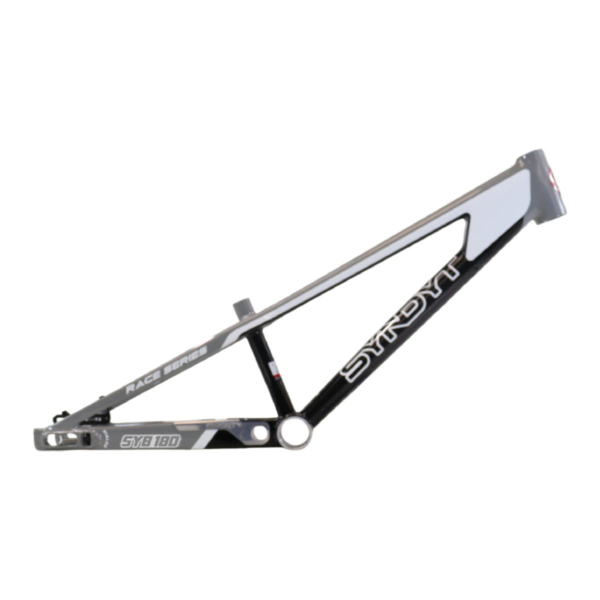 Syndyt 180 Mini XL BMX Racing Bike Frame – 18” Top Tube, 6061-T6 Aluminum (2.75 lbs), Tapered 38/42 Head Tube, Standard Euro BB, 10/15 mm Hubs, 140mm Disc Brake,  Chain Tensioners – Gray Bicycle Frame
