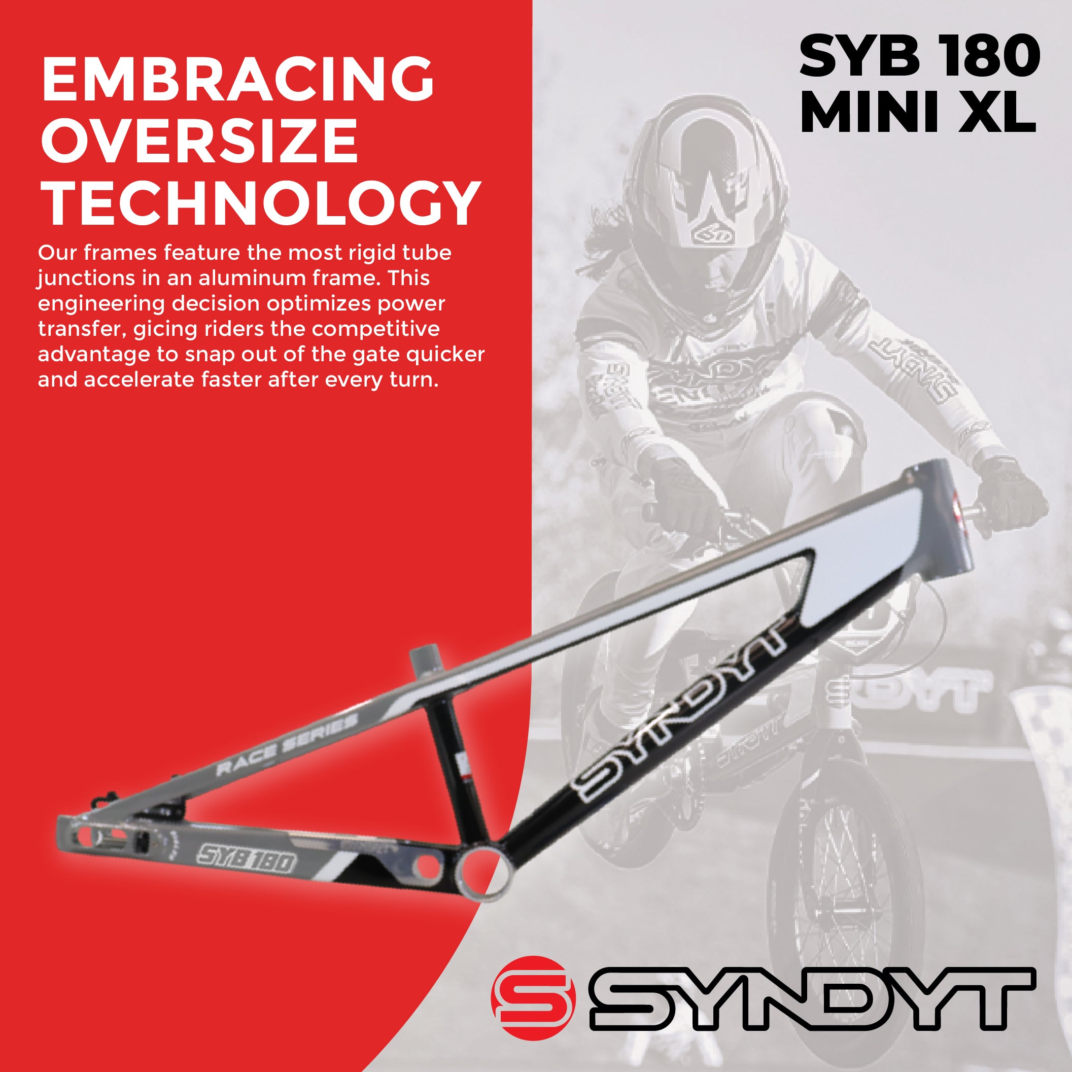 Syndyt 180 Mini XL BMX Racing Bike Frame – 18” Top Tube, 6061-T6 Aluminum (2.75 lbs), Tapered 38/42 Head Tube, Standard Euro BB, 10/15 mm Hubs, 140mm Disc Brake,  Chain Tensioners – Gray Bicycle Frame