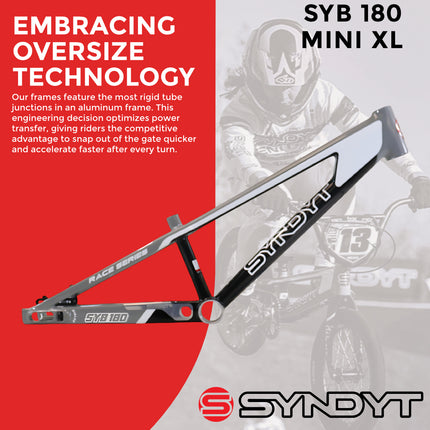 Syndyt 180 Mini XL BMX Racing Bike Frame – 18” Top Tube, 6061-T6 Aluminum (2.75 lbs), Tapered 38/42 Head Tube, Standard Euro BB, 10/15 mm Hubs, 140mm Disc Brake,  Chain Tensioners – Gray Bicycle Frame