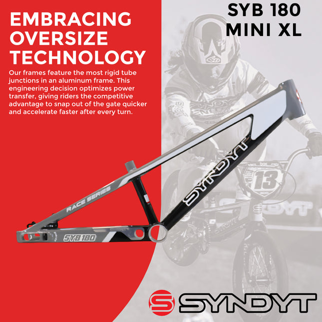 Syndyt 180 Mini XL BMX Racing Bike Frame – 18” Top Tube, 6061-T6 Aluminum (2.75 lbs), Tapered 38/42 Head Tube, Standard Euro BB, 10/15 mm Hubs, 140mm Disc Brake,  Chain Tensioners – Gray Bicycle Frame