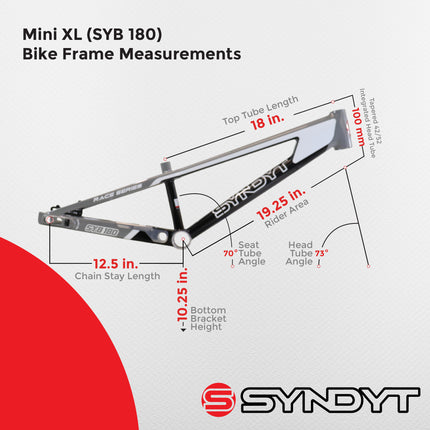 Syndyt 180 Mini XL BMX Racing Bike Frame – 18” Top Tube, 6061-T6 Aluminum (2.75 lbs), Tapered 38/42 Head Tube, Standard Euro BB, 10/15 mm Hubs, 140mm Disc Brake,  Chain Tensioners – Gray Bicycle Frame