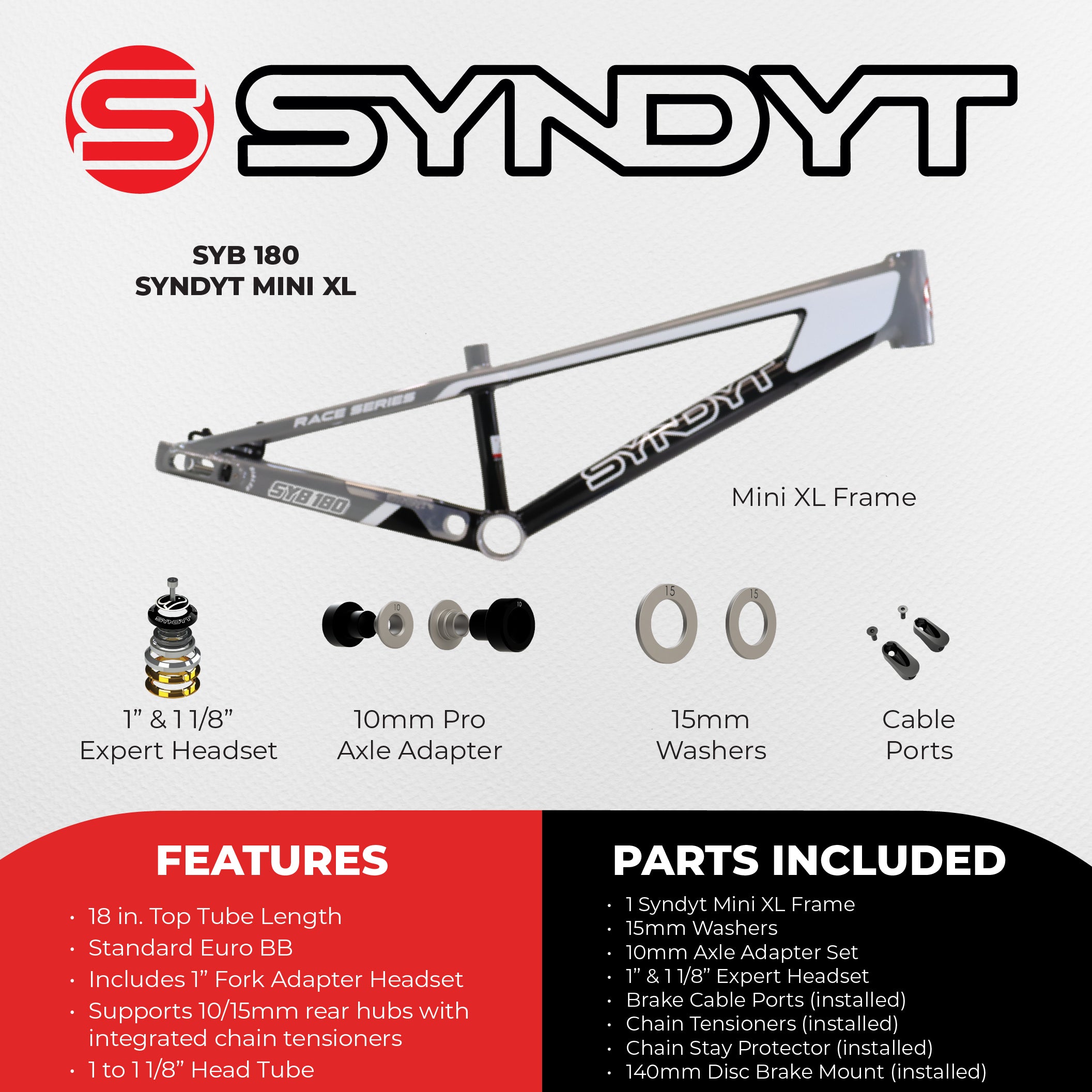 Syndyt 180 Mini XL BMX Racing Bike Frame – 18” Top Tube, 6061-T6 Aluminum (2.75 lbs), Tapered 38/42 Head Tube, Standard Euro BB, 10/15 mm Hubs, 140mm Disc Brake,  Chain Tensioners – Gray Bicycle Frame