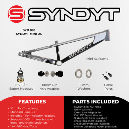 Syndyt 180 Mini XL BMX Racing Bike Frame – 18” Top Tube, 6061-T6 Aluminum (2.75 lbs), Tapered 38/42 Head Tube, Standard Euro BB, 10/15 mm Hubs, 140mm Disc Brake,  Chain Tensioners – Gray Bicycle Frame