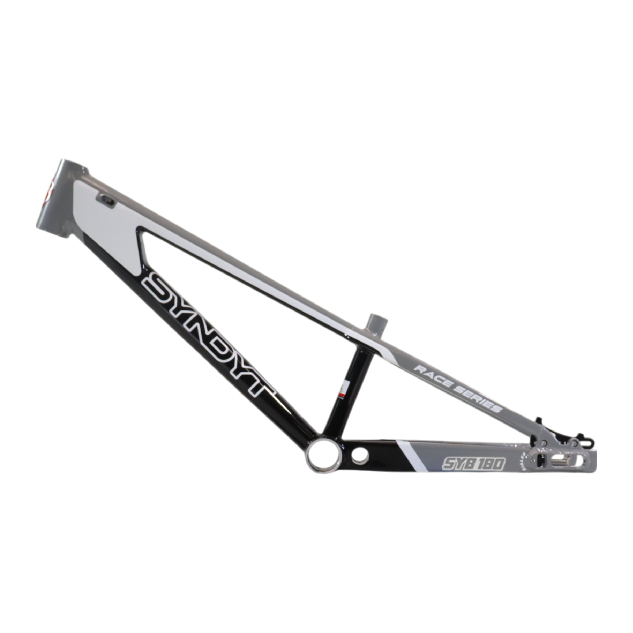 Syndyt 180 Mini XL BMX Racing Bike Frame – 18” Top Tube, 6061-T6 Aluminum (2.75 lbs), Tapered 38/42 Head Tube, Standard Euro BB, 10/15 mm Hubs, 140mm Disc Brake,  Chain Tensioners – Gray Bicycle Frame
