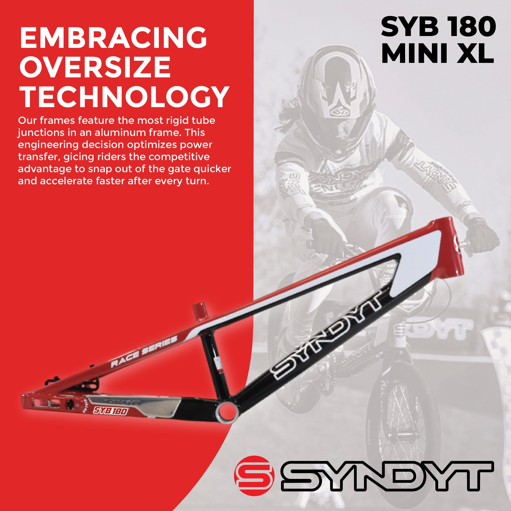 Syndyt 180 Mini XL BMX Racing Bike Frame – 18” Top Tube, 6061-T6 Aluminum (2.75 lbs), Tapered 38/42 Head Tube, Standard Euro BB, 10/15 mm Hubs, 140mm Disc Brake,  Chain Tensioners – Red Bicycle Frame