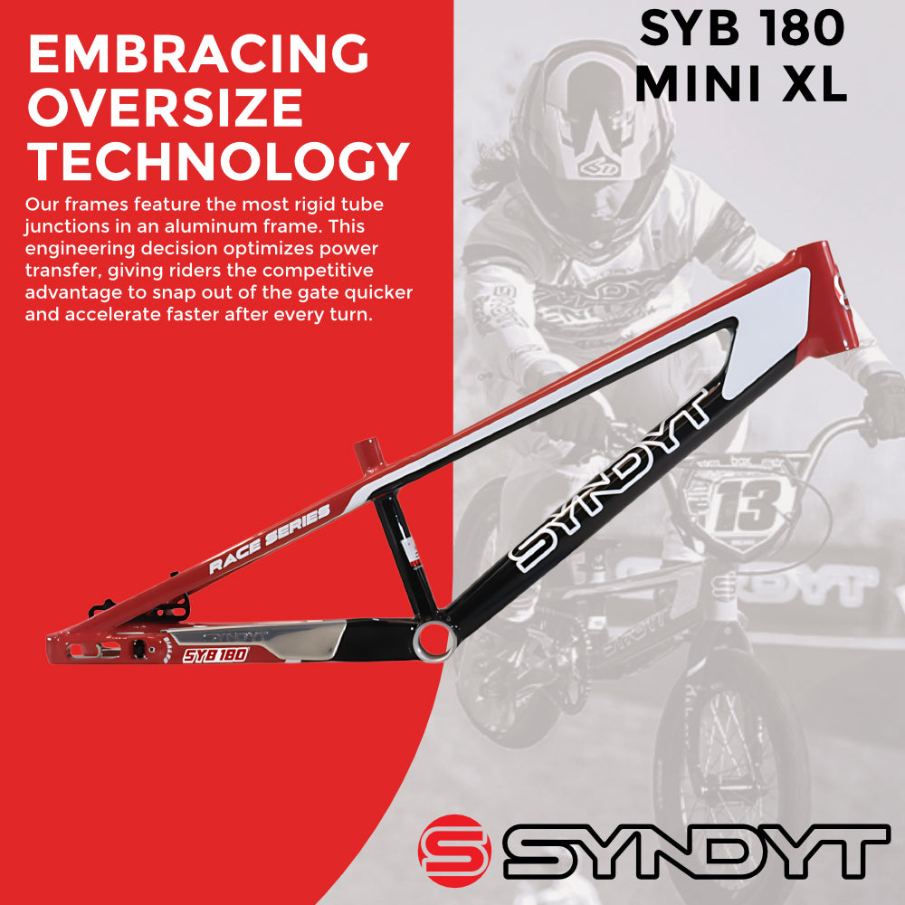 Syndyt 180 Mini XL BMX Racing Bike Frame – 18” Top Tube, 6061-T6 Aluminum (2.75 lbs), Tapered 38/42 Head Tube, Standard Euro BB, 10/15 mm Hubs, 140mm Disc Brake,  Chain Tensioners – Red Bicycle Frame