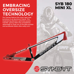 Syndyt 180 Mini XL BMX Racing Bike Frame – 18” Top Tube, 6061-T6 Aluminum (2.75 lbs), Tapered 38/42 Head Tube, Standard Euro BB, 10/15 mm Hubs, 140mm Disc Brake,  Chain Tensioners – Red Bicycle Frame