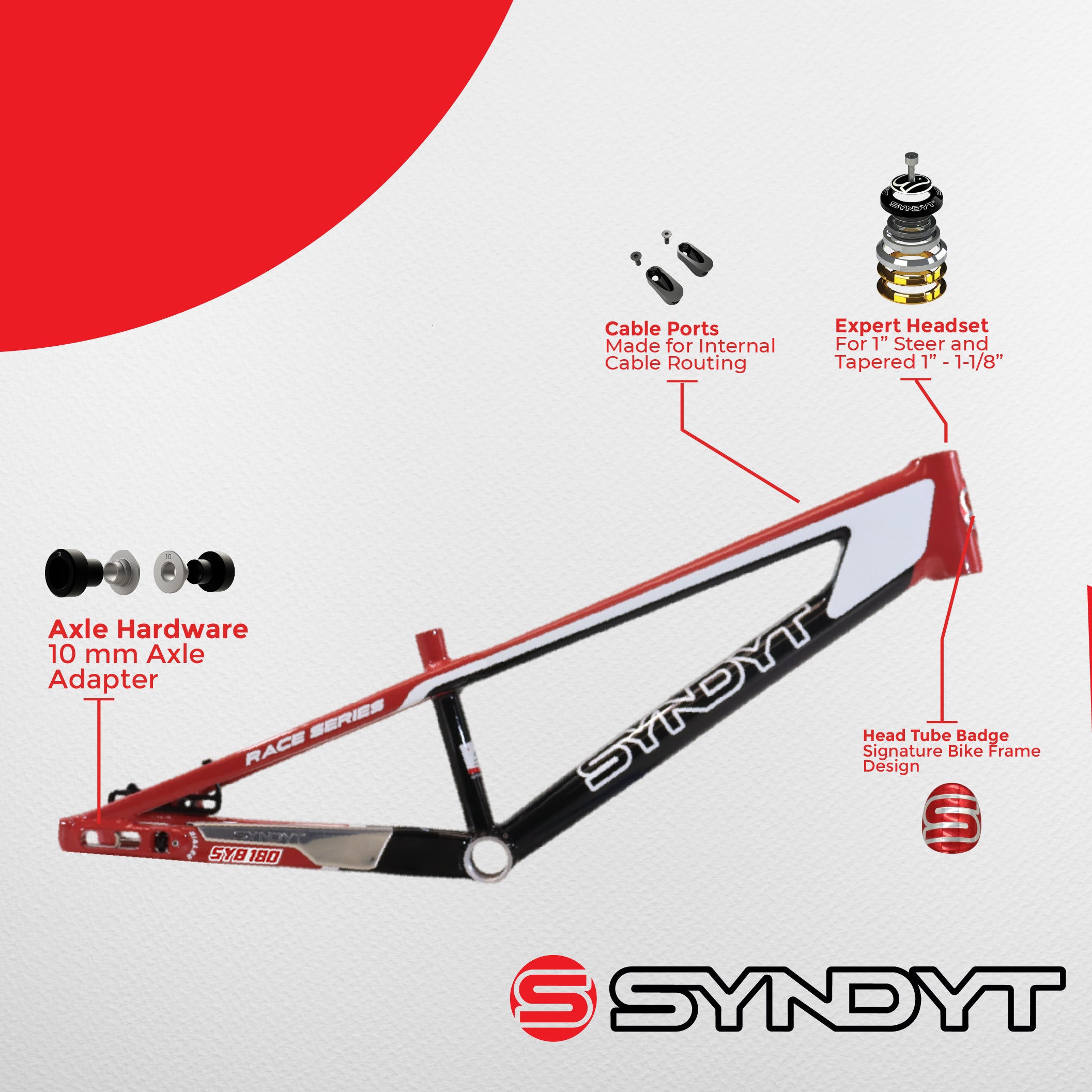 Syndyt 180 Mini XL BMX Racing Bike Frame – 18” Top Tube, 6061-T6 Aluminum (2.75 lbs), Tapered 38/42 Head Tube, Standard Euro BB, 10/15 mm Hubs, 140mm Disc Brake,  Chain Tensioners – Red Bicycle Frame