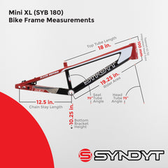 Syndyt 180 Mini XL BMX Racing Bike Frame – 18” Top Tube, 6061-T6 Aluminum (2.75 lbs), Tapered 38/42 Head Tube, Standard Euro BB, 10/15 mm Hubs, 140mm Disc Brake,  Chain Tensioners – Red Bicycle Frame