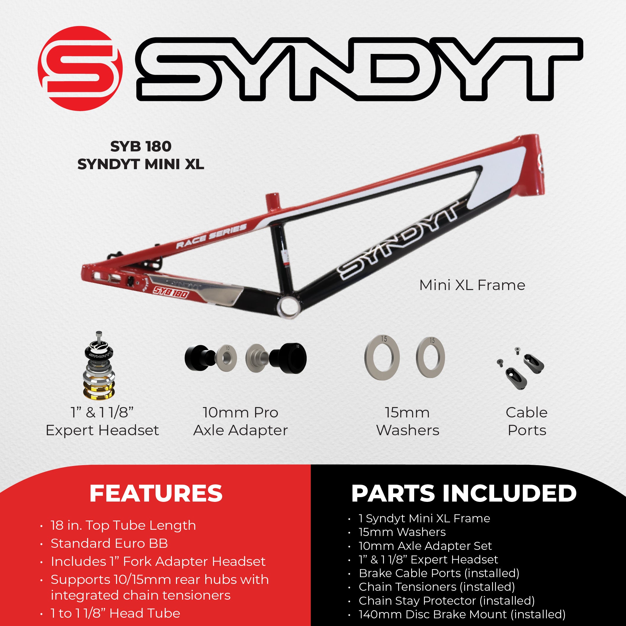 Syndyt 180 Mini XL BMX Racing Bike Frame – 18” Top Tube, 6061-T6 Aluminum (2.75 lbs), Tapered 38/42 Head Tube, Standard Euro BB, 10/15 mm Hubs, 140mm Disc Brake,  Chain Tensioners – Red Bicycle Frame