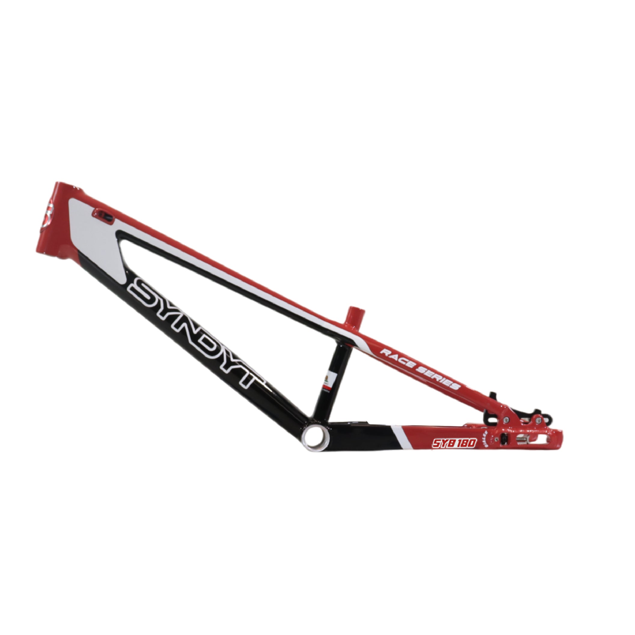 Syndyt 180 Mini XL BMX Racing Bike Frame – 18” Top Tube, 6061-T6 Aluminum (2.75 lbs), Tapered 38/42 Head Tube, Standard Euro BB, 10/15 mm Hubs, 140mm Disc Brake,  Chain Tensioners – Red Bicycle Frame