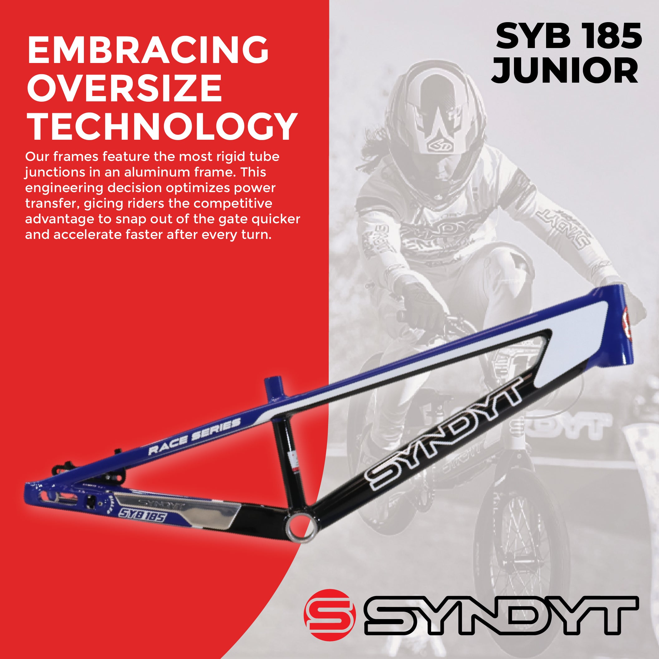 Syndyt 185 Junior BMX Racing Bike Frame – 18.5” Top Tube, 6061-T6 Aluminum (2.81 lbs), Tapered 38/42 Head Tube,Standard Euro BB, 10/15 mm Hubs, 140mm Disc Brake,  Chain Tensioners – Blue Bicycle Frame