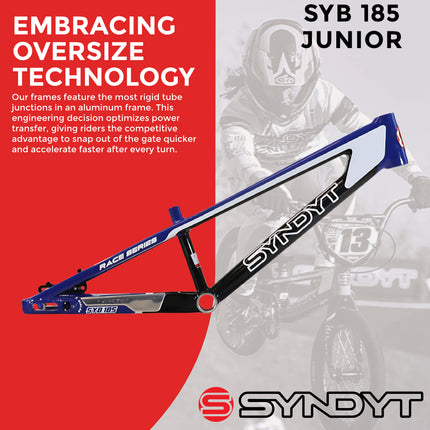 Syndyt 185 Junior BMX Racing Bike Frame – 18.5” Top Tube, 6061-T6 Aluminum (2.81 lbs), Tapered 38/42 Head Tube,Standard Euro BB, 10/15 mm Hubs, 140mm Disc Brake,  Chain Tensioners – Blue Bicycle Frame