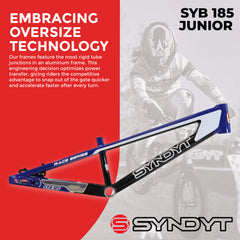Syndyt 185 Junior BMX Racing Bike Frame – 18.5” Top Tube, 6061-T6 Aluminum (2.81 lbs), Tapered 38/42 Head Tube,Standard Euro BB, 10/15 mm Hubs, 140mm Disc Brake,  Chain Tensioners – Blue Bicycle Frame
