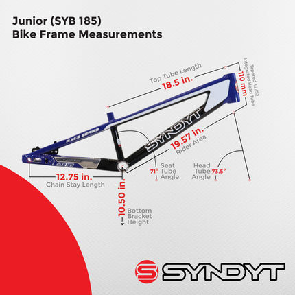 Syndyt 185 Junior BMX Racing Bike Frame – 18.5” Top Tube, 6061-T6 Aluminum (2.81 lbs), Tapered 38/42 Head Tube,Standard Euro BB, 10/15 mm Hubs, 140mm Disc Brake,  Chain Tensioners – Blue Bicycle Frame