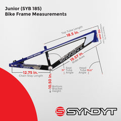 Syndyt 185 Junior BMX Racing Bike Frame – 18.5” Top Tube, 6061-T6 Aluminum (2.81 lbs), Tapered 38/42 Head Tube,Standard Euro BB, 10/15 mm Hubs, 140mm Disc Brake,  Chain Tensioners – Blue Bicycle Frame