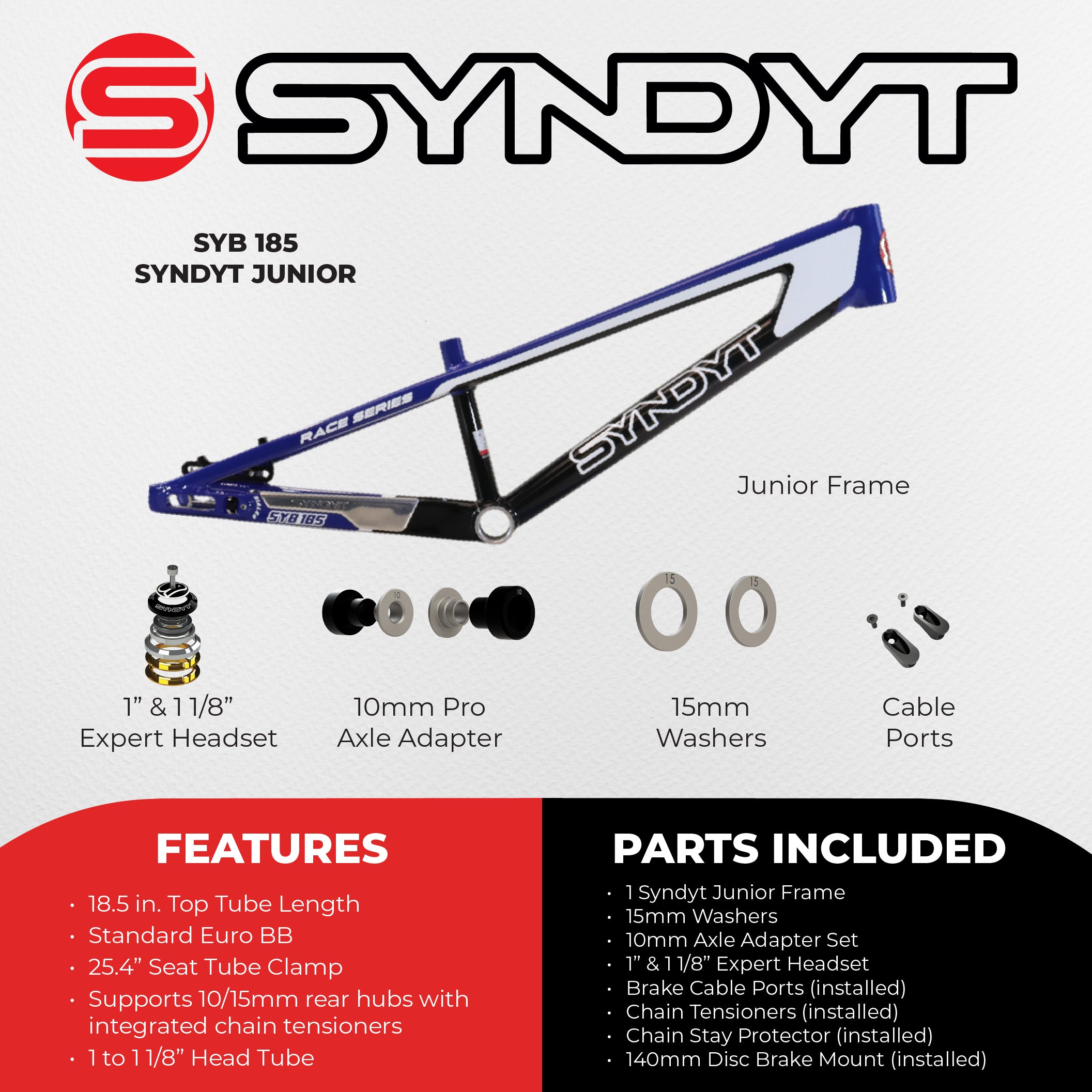 Syndyt 185 Junior BMX Racing Bike Frame – 18.5” Top Tube, 6061-T6 Aluminum (2.81 lbs), Tapered 38/42 Head Tube,Standard Euro BB, 10/15 mm Hubs, 140mm Disc Brake,  Chain Tensioners – Blue Bicycle Frame