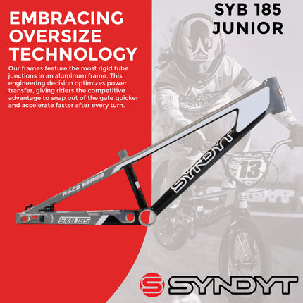 Syndyt 185 Junior BMX Racing Bike Frame – 18.5” Top Tube, 6061-T6 Aluminum (2.81 lbs), Tapered 38/42 Head Tube,Standard Euro BB, 10/15 mm Hubs, 140mm Disc Brake,  Chain Tensioners – Gray Bicycle Frame