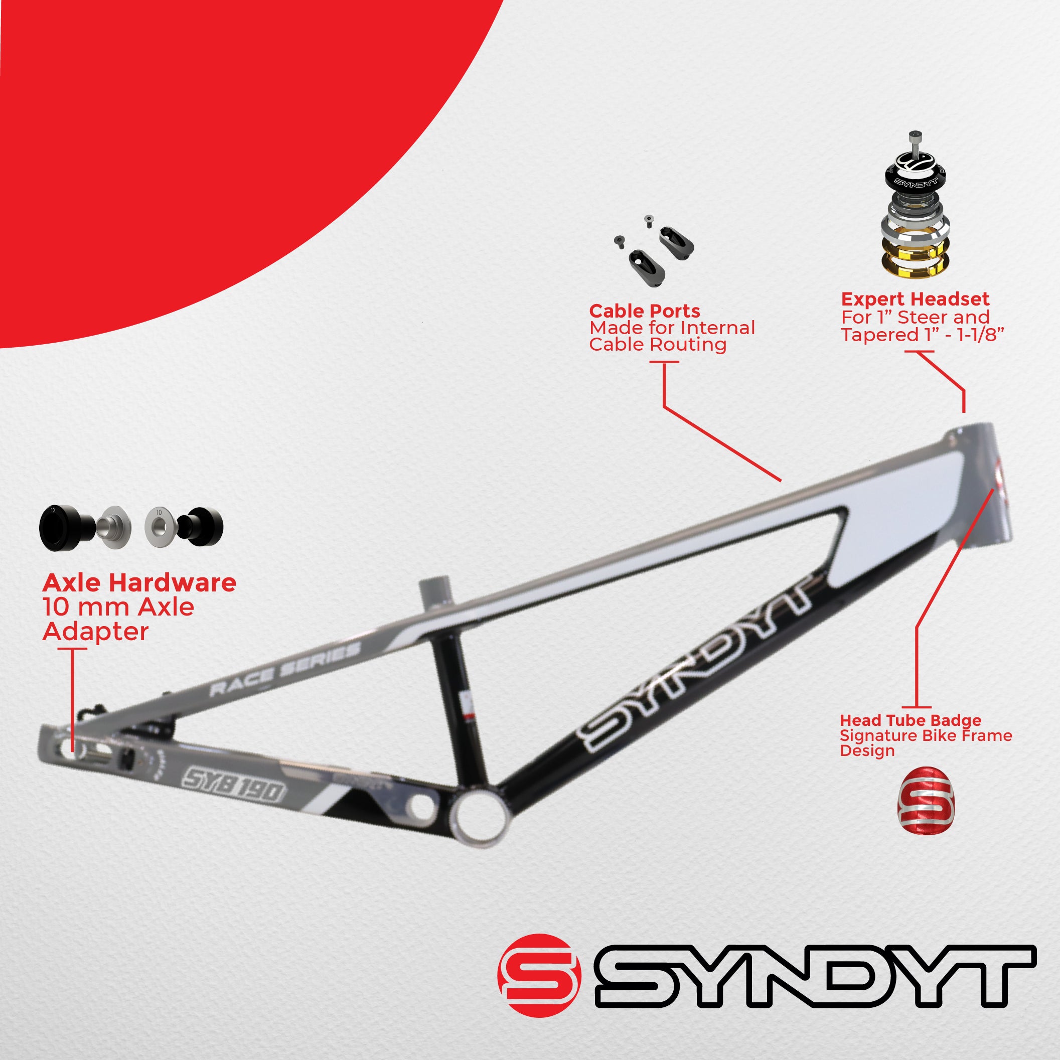 Syndyt 185 Junior BMX Racing Bike Frame – 18.5” Top Tube, 6061-T6 Aluminum (2.81 lbs), Tapered 38/42 Head Tube,Standard Euro BB, 10/15 mm Hubs, 140mm Disc Brake,  Chain Tensioners – Gray Bicycle Frame