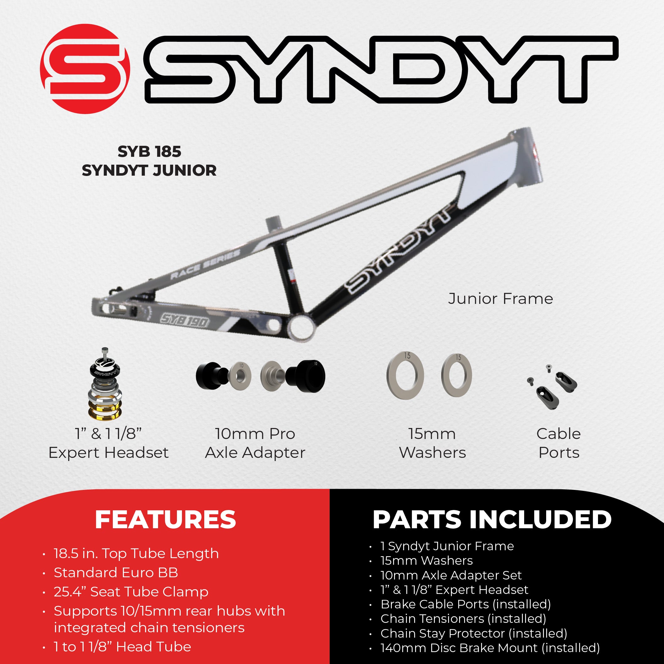 Syndyt 185 Junior BMX Racing Bike Frame – 18.5” Top Tube, 6061-T6 Aluminum (2.81 lbs), Tapered 38/42 Head Tube,Standard Euro BB, 10/15 mm Hubs, 140mm Disc Brake,  Chain Tensioners – Gray Bicycle Frame