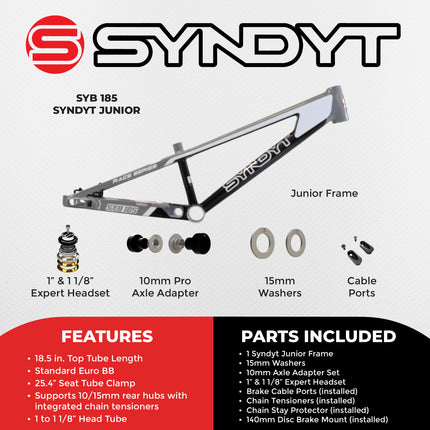 Syndyt 185 Junior BMX Racing Bike Frame – 18.5” Top Tube, 6061-T6 Aluminum (2.81 lbs), Tapered 38/42 Head Tube,Standard Euro BB, 10/15 mm Hubs, 140mm Disc Brake,  Chain Tensioners – Gray Bicycle Frame