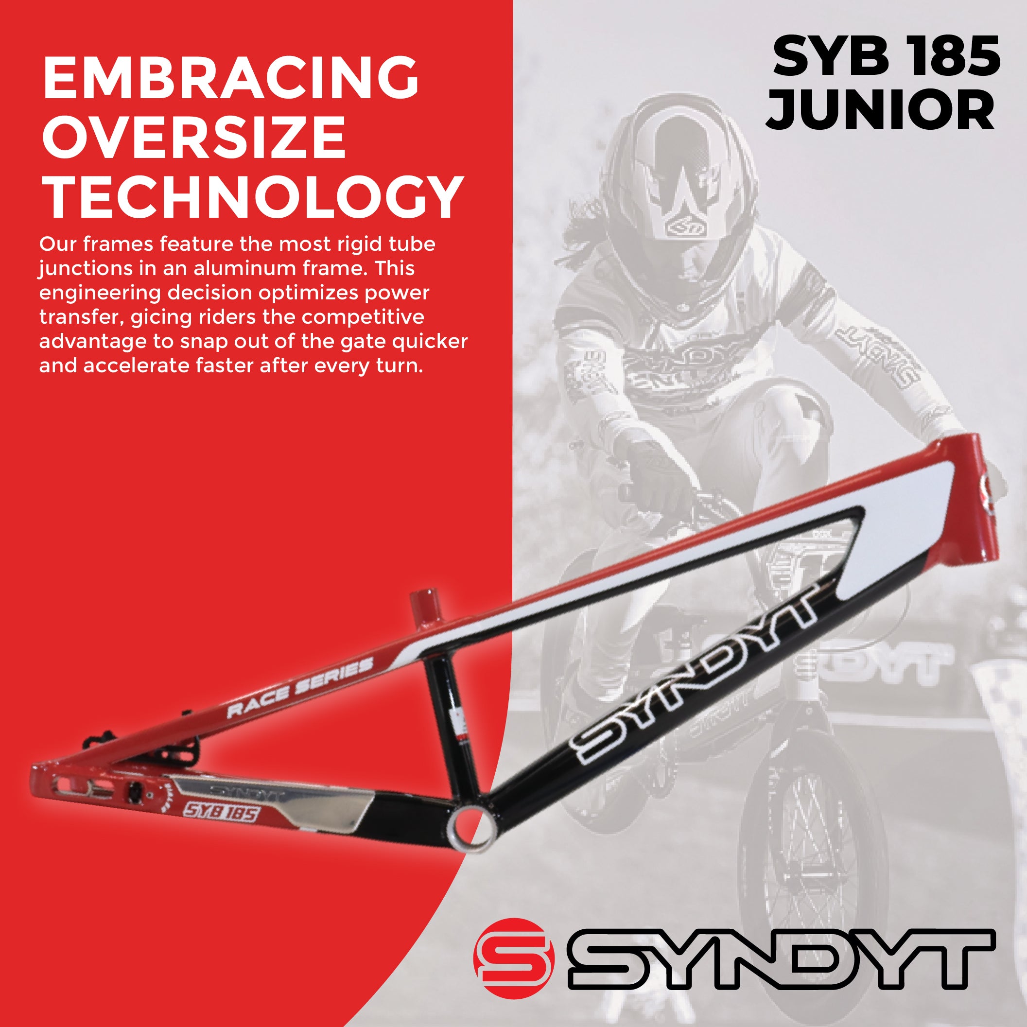 Syndyt 185 Junior BMX Racing Bike Frame – 18.5” Top Tube, 6061-T6 Aluminum (2.81 lbs), Tapered 38/42 Head Tube,Standard Euro BB, 10/15 mm Hubs, 140mm Disc Brake,  Chain Tensioners – Red Bicycle Frame