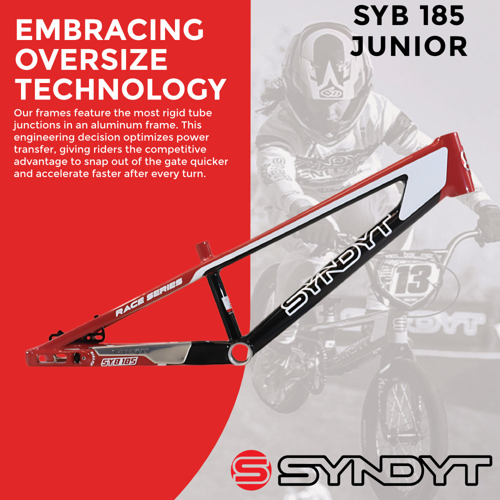 Syndyt 185 Junior BMX Racing Bike Frame – 18.5” Top Tube, 6061-T6 Aluminum (2.81 lbs), Tapered 38/42 Head Tube,Standard Euro BB, 10/15 mm Hubs, 140mm Disc Brake,  Chain Tensioners – Red Bicycle Frame