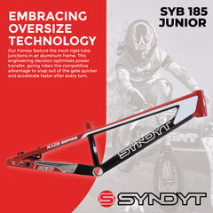 Syndyt 185 Junior BMX Racing Bike Frame – 18.5” Top Tube, 6061-T6 Aluminum (2.81 lbs), Tapered 38/42 Head Tube,Standard Euro BB, 10/15 mm Hubs, 140mm Disc Brake,  Chain Tensioners – Red Bicycle Frame