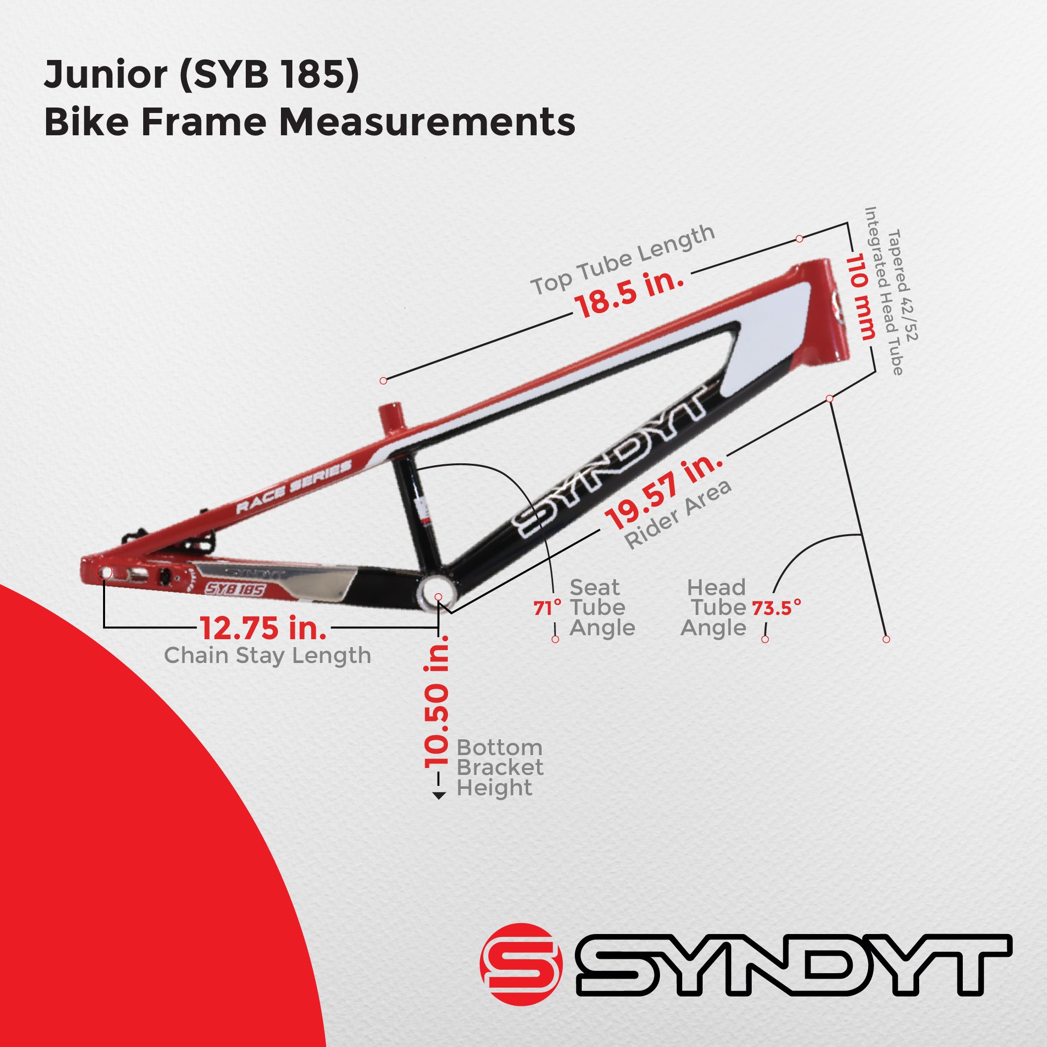 Syndyt 185 Junior BMX Racing Bike Frame – 18.5” Top Tube, 6061-T6 Aluminum (2.81 lbs), Tapered 38/42 Head Tube,Standard Euro BB, 10/15 mm Hubs, 140mm Disc Brake,  Chain Tensioners – Red Bicycle Frame