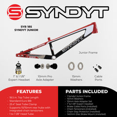 Syndyt 185 Junior BMX Racing Bike Frame – 18.5” Top Tube, 6061-T6 Aluminum (2.81 lbs), Tapered 38/42 Head Tube,Standard Euro BB, 10/15 mm Hubs, 140mm Disc Brake,  Chain Tensioners – Red Bicycle Frame