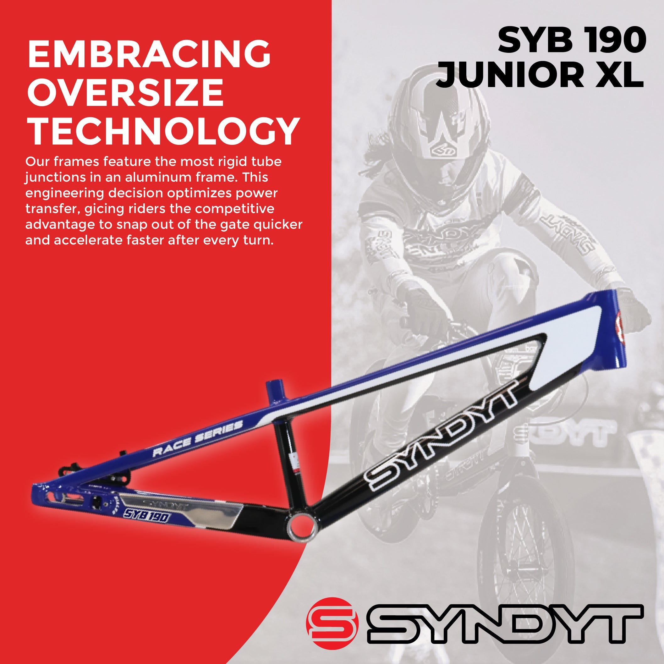 Syndyt 190 Junior XL BMX Racing Bike Frame – 19” Top Tube, 6061-T6 Aluminum (2.86 lbs), Tapered 38/42 Head Tube,Standard Euro BB, 10/15 mm Hubs, 140mm Disc Brake,  Chain Tensioners  Blue Bicycle Frame