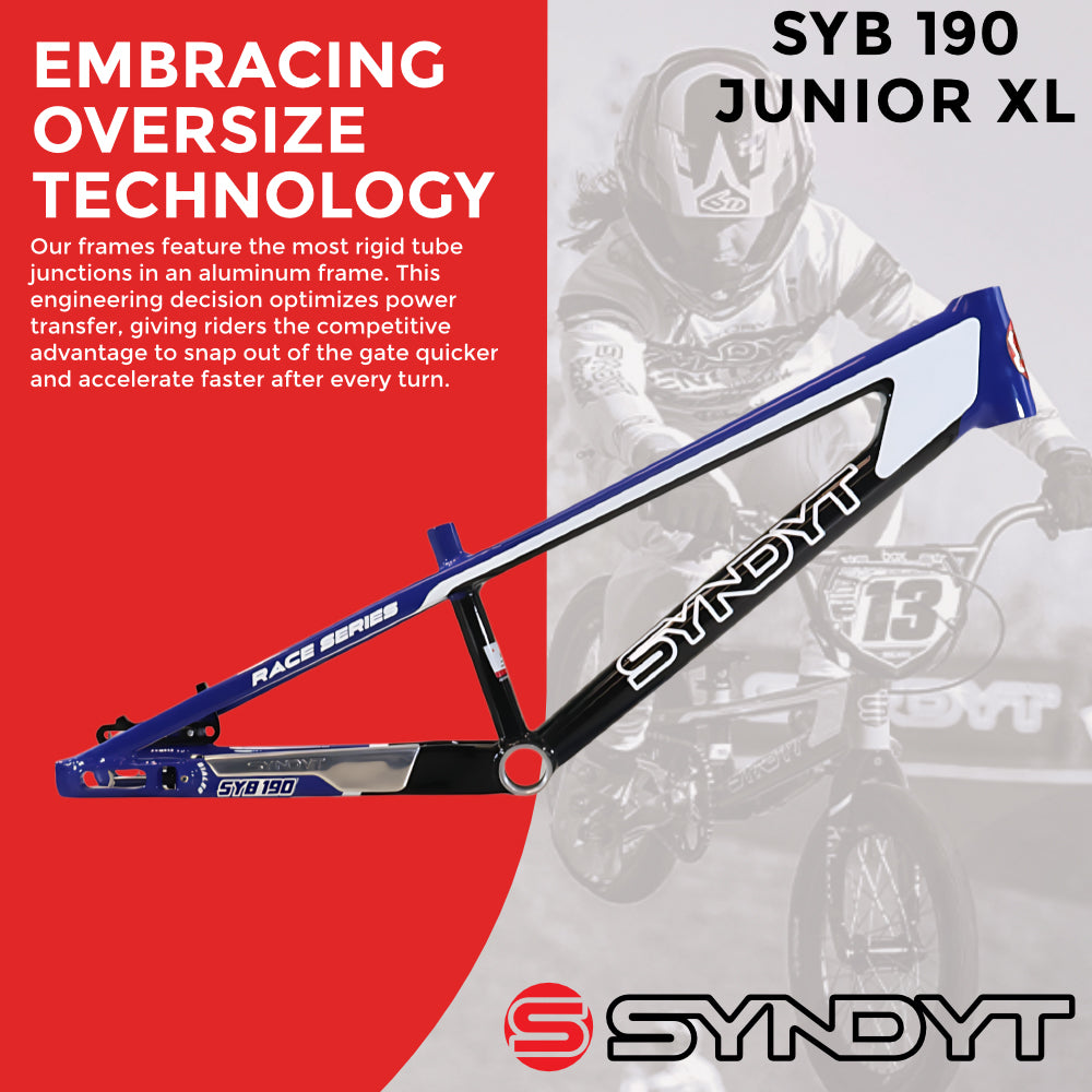 Syndyt 190 Junior XL BMX Racing Bike Frame – 19” Top Tube, 6061-T6 Aluminum (2.86 lbs), Tapered 38/42 Head Tube,Standard Euro BB, 10/15 mm Hubs, 140mm Disc Brake,  Chain Tensioners  Blue Bicycle Frame