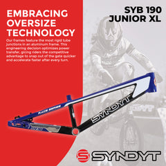 Syndyt 190 Junior XL BMX Racing Bike Frame – 19” Top Tube, 6061-T6 Aluminum (2.86 lbs), Tapered 38/42 Head Tube,Standard Euro BB, 10/15 mm Hubs, 140mm Disc Brake,  Chain Tensioners  Blue Bicycle Frame